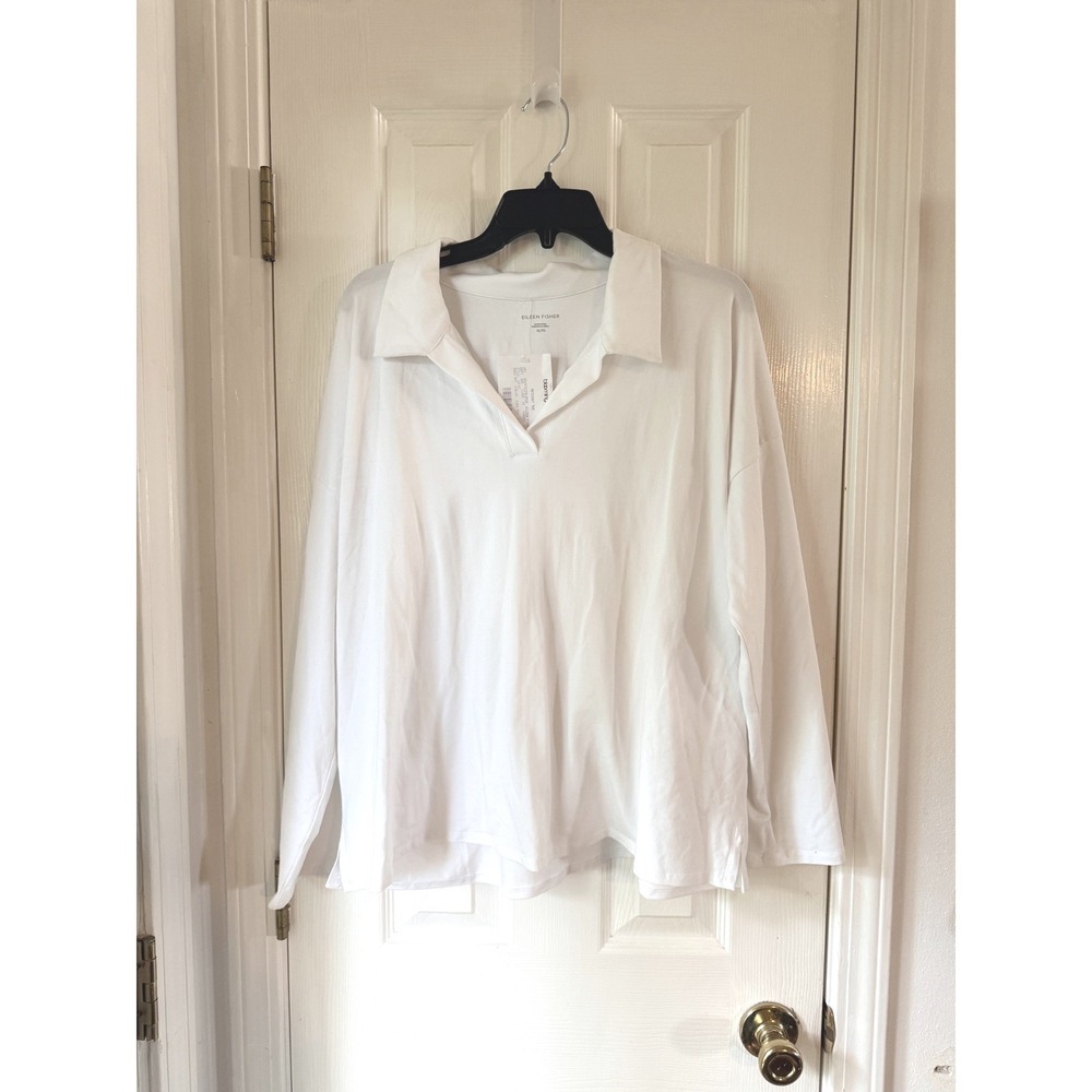 Eileen Fisher White Cotton Stretch Boxy Henley Top XL 46182 Long Sleeve